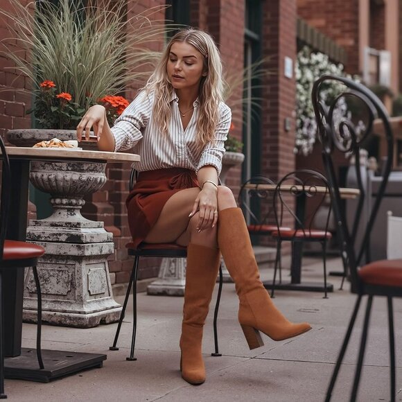 Women's Brown Knee High Boots Fall Chunky Block High Heel Tall Long Boot Round